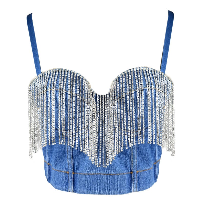 ELLACCI Women's Tassel Rhinestone Denim Bustier Crop Top Jean Corset Top Bra Blue Small - Image 2